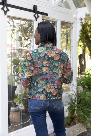 TAPESTRY PRINTED FLORAL CORDUROY JACKET FRONT ZIPPER SIDE POCKETS PUFFER BACK VIEW