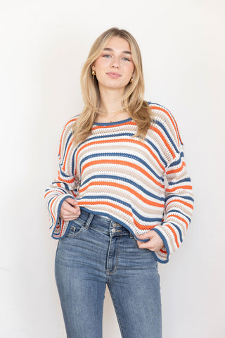 Casual chic striped knit sweater with bell sleeves - A lightweight crochet sweater featuring bold orange, blue, and white stripes, perfect for layering.