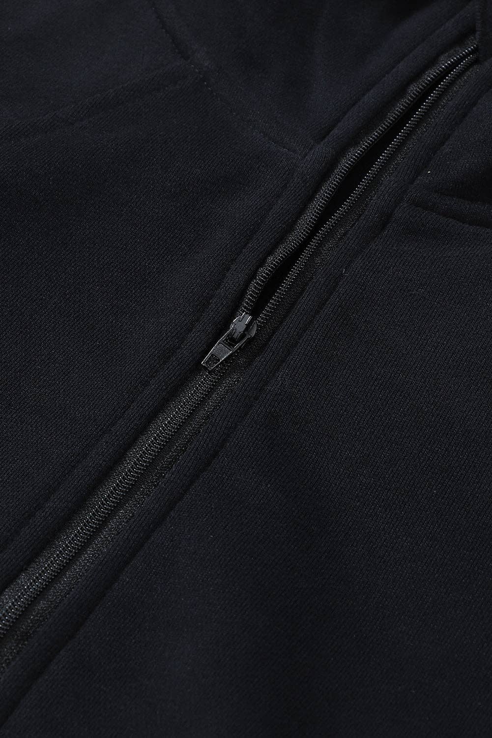 Black Zip Up Stand Collar Ribbed Thumbhole Sleeve Sweatshirt: Black
