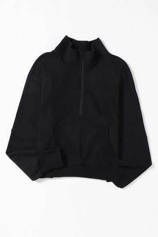 Black Zip Up Stand Collar Ribbed Thumbhole Sleeve Sweatshirt: Black