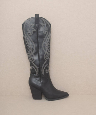 The Astrid Black - Knee-High Embroidered Cowboy Boot