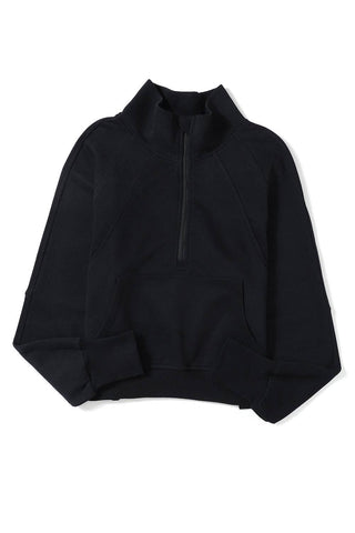 Black Zip Up Stand Collar Ribbed Thumbhole Sleeve Sweatshirt: Black