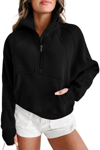 Black Zip Up Stand Collar Ribbed Thumbhole Sleeve Sweatshirt: Black