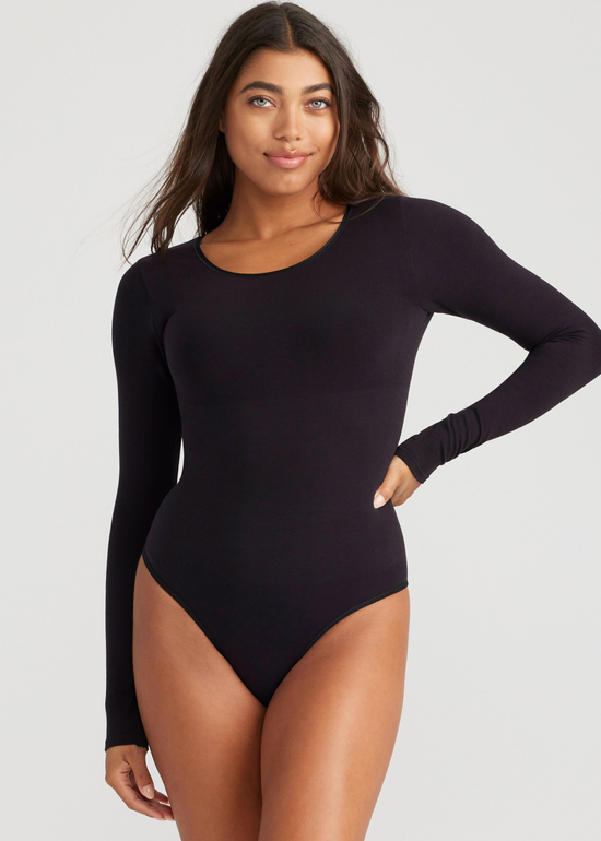 Long Sleeve Shaping Thong Bodysuit - Outlast® Seamless: Black