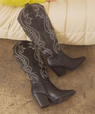 The Astrid Black - Knee-High Embroidered Cowboy Boot