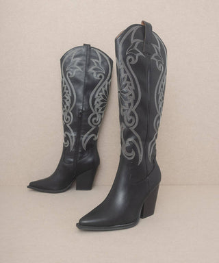 The Astrid Black - Knee-High Embroidered Cowboy Boot