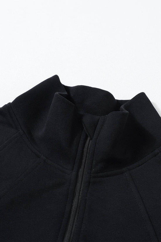 Black Zip Up Stand Collar Ribbed Thumbhole Sleeve Sweatshirt: Black