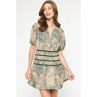 Antique print short sleeve mini dress