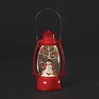 9.5"H LED Red Swirl Lantern with Snowman & Cardinals