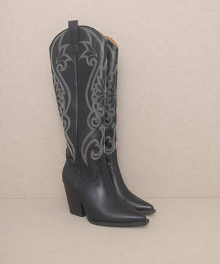 The Astrid Black - Knee-High Embroidered Cowboy Boot