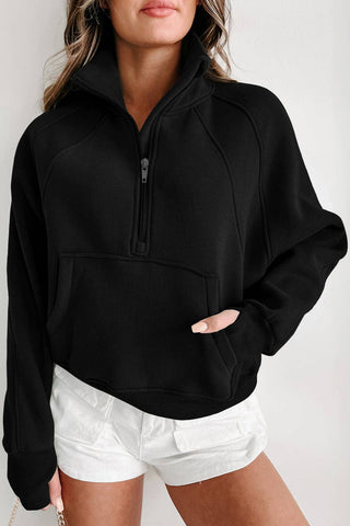 Black Zip Up Stand Collar Ribbed Thumbhole Sleeve Sweatshirt: Black